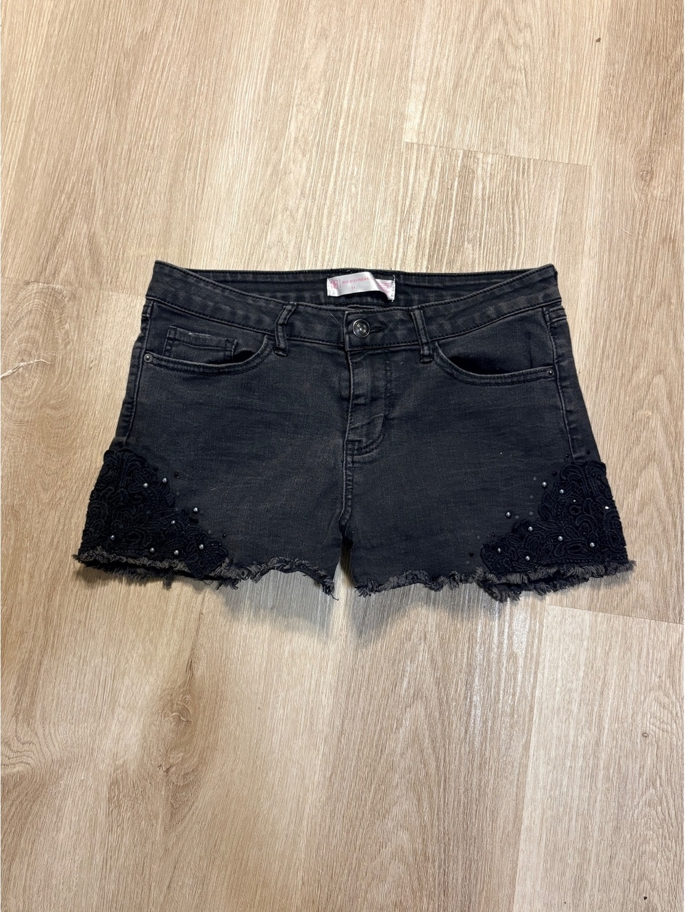 No Boundaries Black Denim Mini Shorts Girls Size 11 Lace Beaded Summer Bedazzled